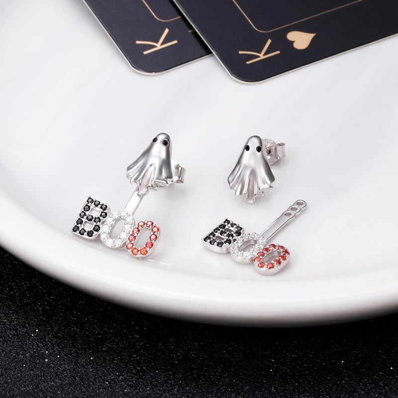Flyow S925 Sterling Silver Ghost Boo Posts Ear Jacket Earrings for Women Front & Back Stud Earring Jackets Halloween Earrings - Image 3